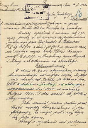 Prośba Anny Prause z 9 kwietnia 1950 r. o unieważnienie postanowienia uznającego męża za zmarłego, IPN Ka 85/941