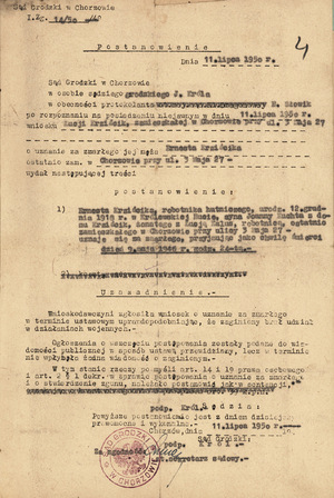 Postanowienie Sądu Grodzkiego w Chorzowie z 11 lipca 1950 r., uznające Ernesta Krziścika za zmarłego, IPN Ka 923/23, t. 1