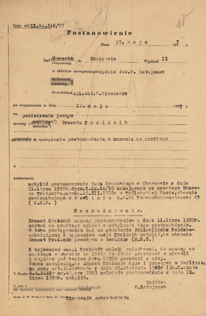 Postanowienie Sądu Powiatowego w Chorzowie z 17 maja 1957 r., uchylające postanowienie o uznaniu Ernesta Krziścika za zmarłego, IPN Ka 923/23, t. 1