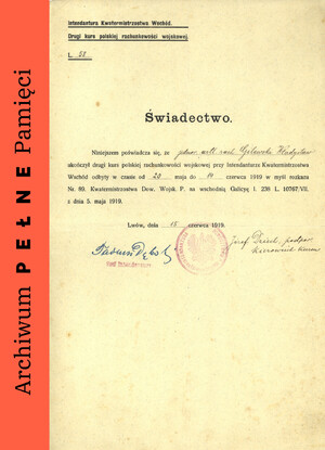 Świadectwo ukończenia drugiego kursu polskiej rachunkowości wojskowej przy Intendanturze Kwatermistrzostwa Wschód, 1919 r.