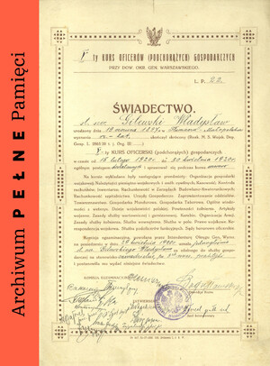 Świadectwo ukończenia V Kursu Oficerów (podchorążych) Gospodarczych, 1920 r.