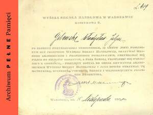 Karta immatrykulacyjna, 1921 r.