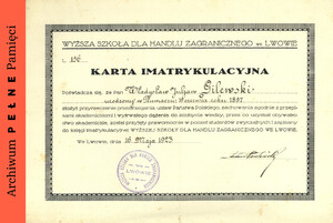 Karta immatrykulacyjna, 1923 r.