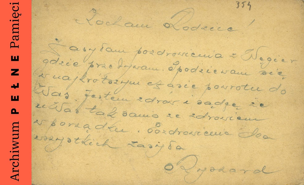 Korespondencja Ryszarda Szkubacza przesłana do rodziny z obozu internowania w Kisbodak w październiku 1939 r.
