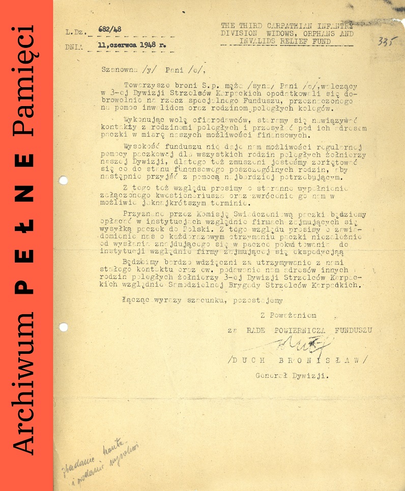 Korespondencja prowadzona pomiędzy przedstawicielami specjalnego funduszu dla rodzin poległych żołnierzy 3 Dywizji Strzelców Karpackich a rodziną Ryszarda Szkubacza dot. możliwości otrzymania pomocy materialnej.