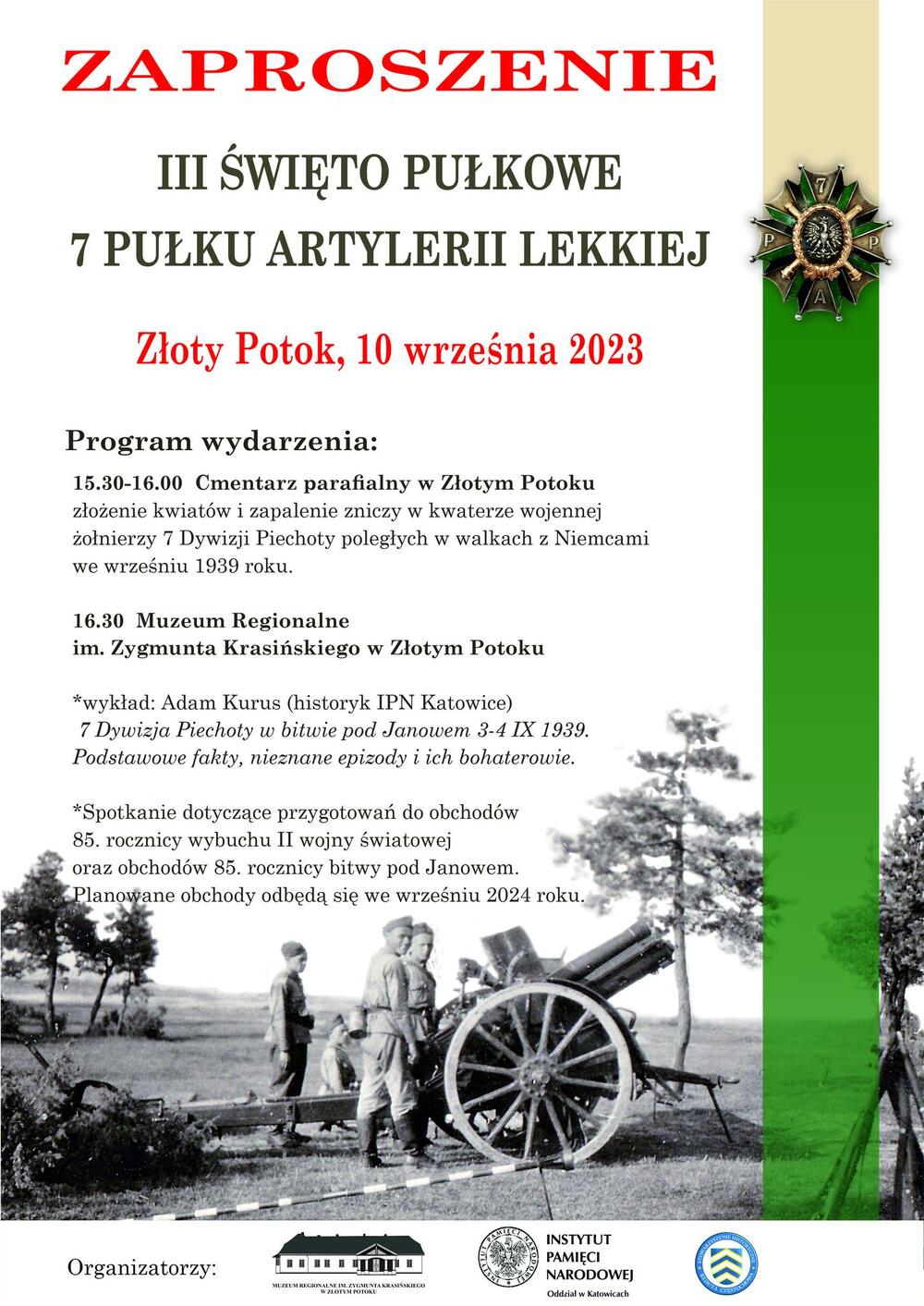 Obchody III Święta Pułkowego 7 Pułku Artylerii Lekkiej – Złoty Potok, 10 września 2023