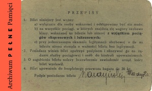 Bilet bezpłatny okresowy imienny Władysława Wardyńskiego na przejazdy służbowe (rewers) z dnia 20 III 1939 r.