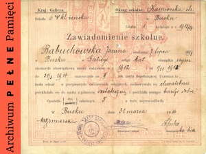 Zawiadomienie szkolne (świadectwo) Janiny Babuchowskiej z dnia 31 III 1914 r.