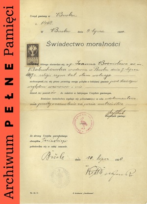 Świadectwo moralności Janiny Babuchowskiej z dnia 10 VII 1920 r.