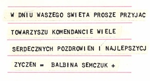 Życzenia od Balbiny Semczuk, 1967 r. (IPN Ka 0103/25, t. 3)