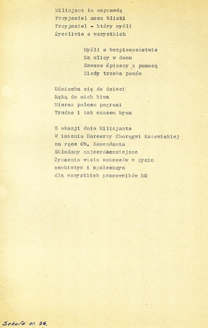 Wierszyk ku czci milicjantów, otrzymany kilkakrotnie od różnych grup – w tym przypadku prawdopodobnie od harcerzy ze szkoły nr 36 w Katowicach, 1967 r. (IPN Ka 0103/25, t. 3)
