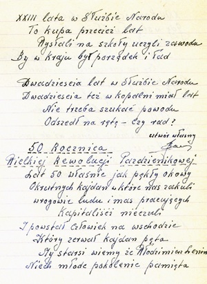 Poematy autorstwa Józefa Badonia (byłego funkcjonariusza MO) z okazji 33 lat istnienia MO oraz pięćdziesiątej rocznicy rewolucji październikowej, 1967 r. (IPN Ka 0103/25, t. 3)