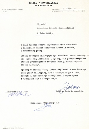 Życzenia od Rady Adwokackiej w Katowicach, 1967 r. (IPN Ka 0103/25, t. 3)