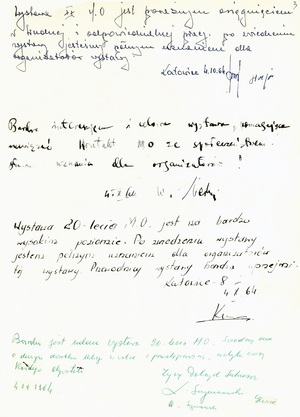 Wpisy do „Złotej księgi” – księgi pamiątkowej towarzyszącej „Wystawie dorobku MO w XX-lecie Jej istnienia”, Katowice, 1964 r. (IPN Ka 439/31)