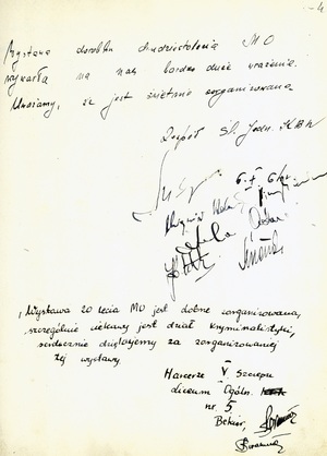 Wpisy do „Złotej księgi” – księgi pamiątkowej towarzyszącej „Wystawie dorobku MO w XX-lecie Jej istnienia”, Katowice, 1964 r. (IPN Ka 439/31)