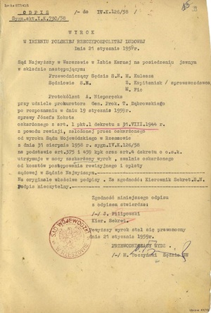 Odpis wyroku Sądu Najwyższego w Warszawie z 21 stycznia 1959 r., podtrzymujący wyrok śmierci dla Józefa Kokota (IPN Ka 857/43, t. 1).