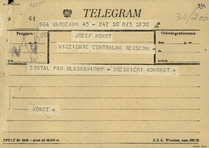 Telegram z informacją o ułaskawieniu wysłany do Józefa Kokota przez jego adwokata (IPN Ka 857/43, t. 1)