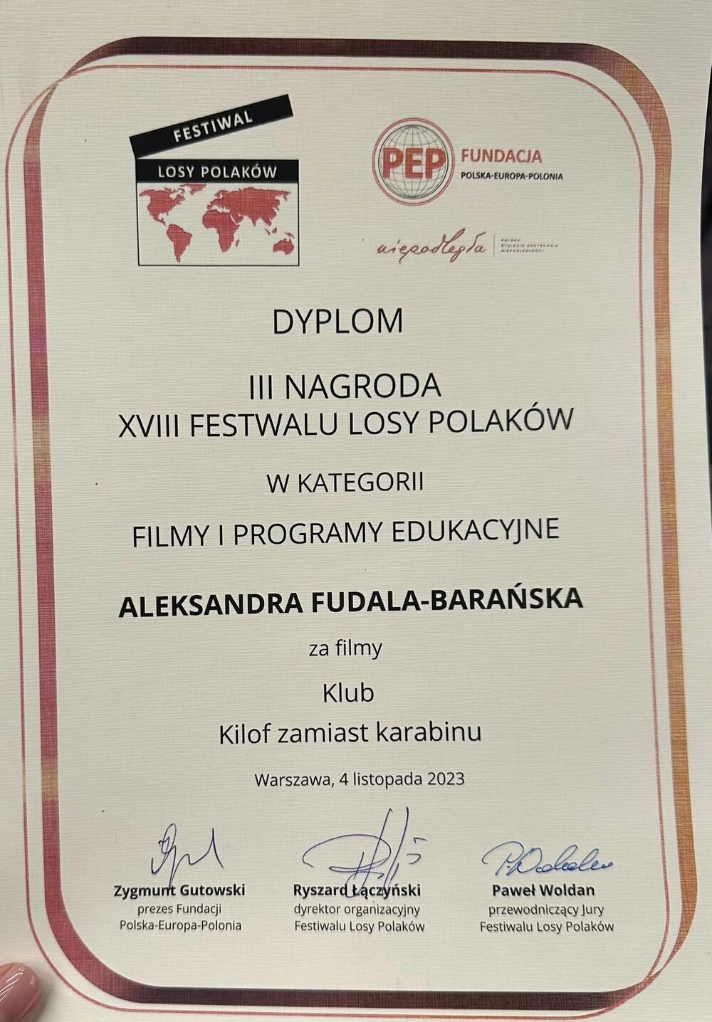 Film dokumentalny „Klub“ zdobył III nagrodę w kategorii filmy i programy edukacyjne na XVIII Festiwalu Losy Polaków w Warszawie.