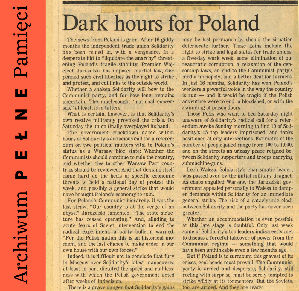 Zbiór wycinków z gazet oraz artykułów z prasy kanadyjskiej, m.in. „Toronto Star”, „The Globe and Mail” z 13, 15 i 17 grudnia 1981 r.