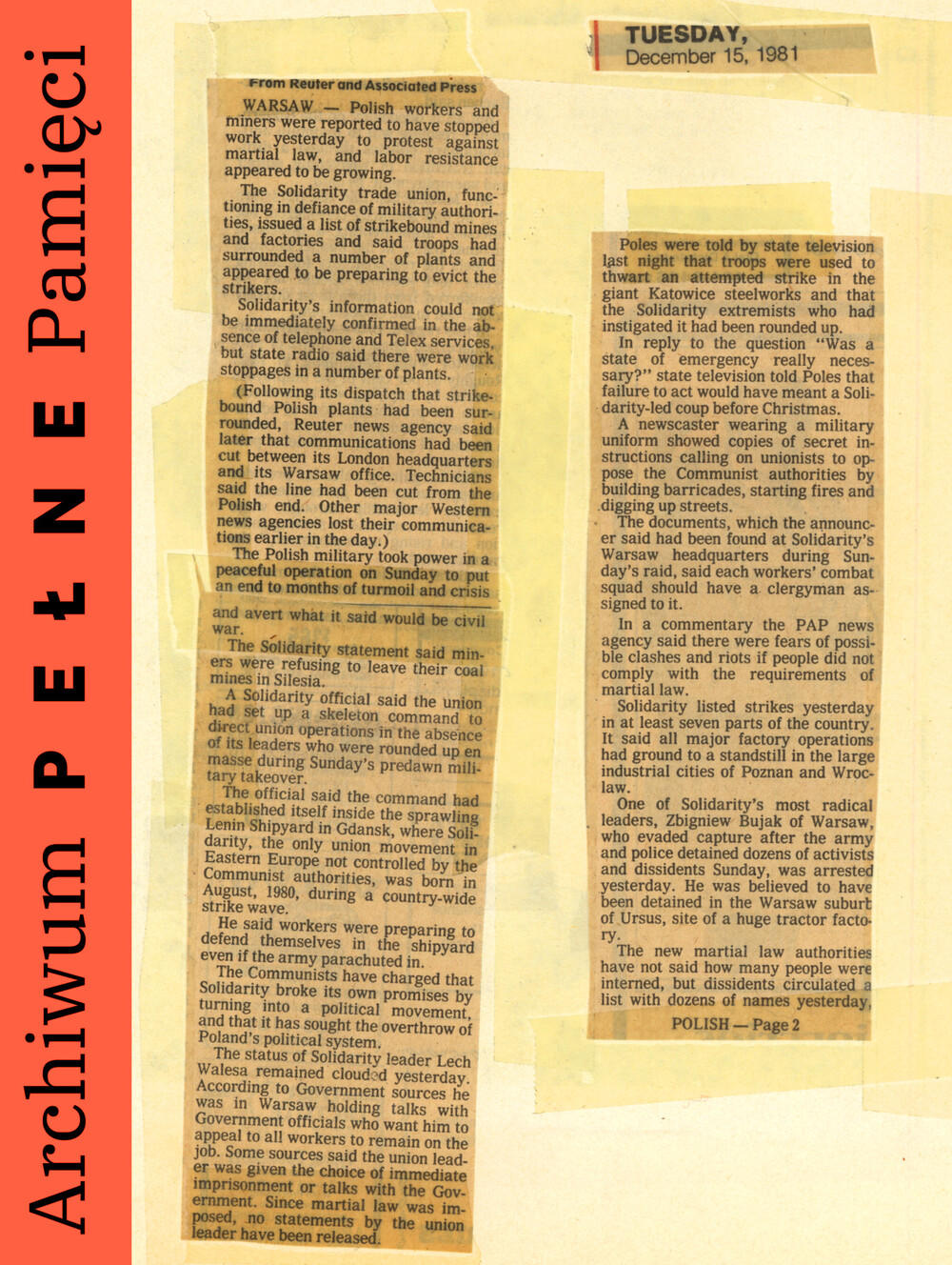 Zbiór wycinków z gazet oraz artykułów z prasy kanadyjskiej, m.in. „Toronto Star”, „The Globe and Mail” z 13, 15 i 17 grudnia 1981 r.