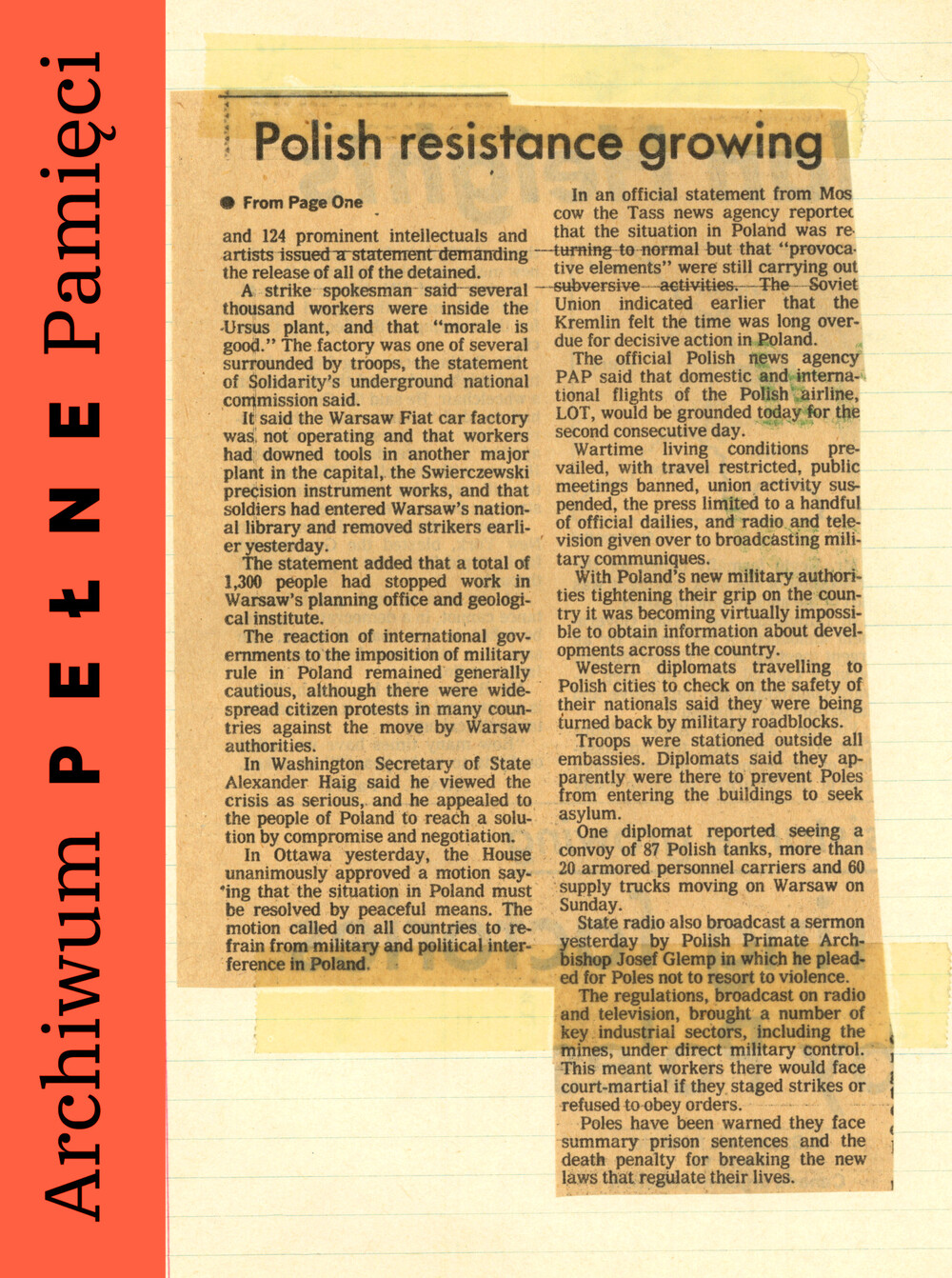Zbiór wycinków z gazet oraz artykułów z prasy kanadyjskiej, m.in. „Toronto Star”, „The Globe and Mail” z 13, 15 i 17 grudnia 1981 r.