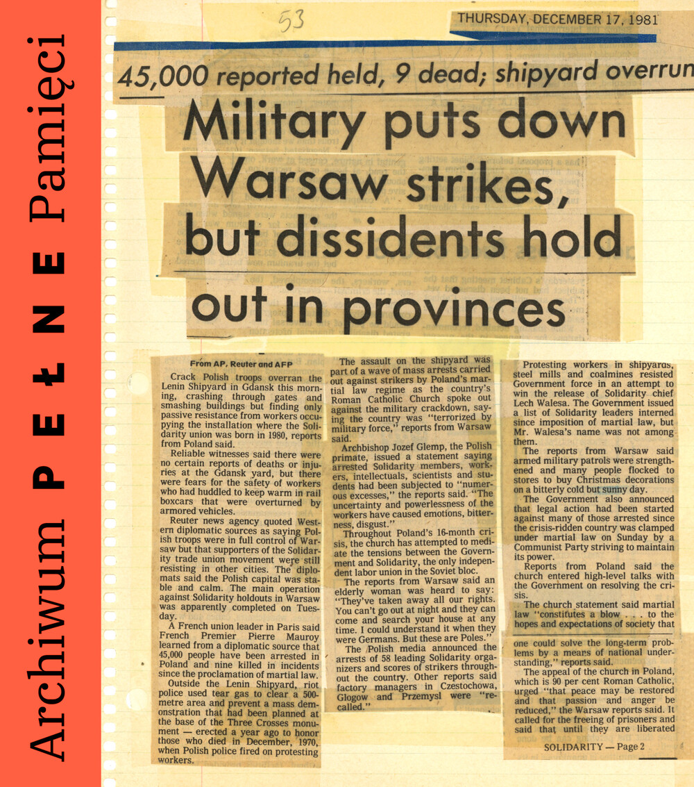 Zbiór wycinków z gazet oraz artykułów z prasy kanadyjskiej, m.in. „Toronto Star”, „The Globe and Mail” z 13, 15 i 17 grudnia 1981 r.
