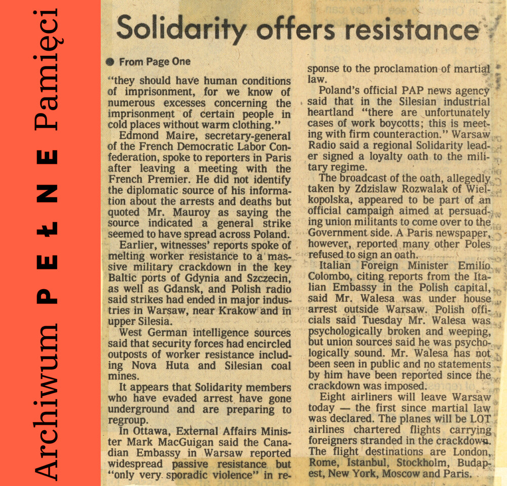 Zbiór wycinków z gazet oraz artykułów z prasy kanadyjskiej, m.in. „Toronto Star”, „The Globe and Mail” z 13, 15 i 17 grudnia 1981 r.