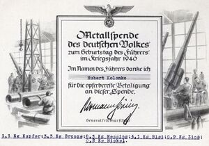 Podziękowanie dla Huberta Kolonko za przekazanie miedzi, brązu, mosiądzu, ołowiu, cyny i niklu na urodzinową zbiórkę Adolfa Hitlera w czasie II wojny światowej, 1940 r. (IPN Ka 036/1379).