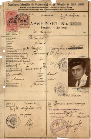 Paszport wystawiony przez Międzysojuszniczą Komisję Rządzącą i Plebiscytową Górnego Śląska, Tarnowskie Góry, 25 sierpnia 1921 r. (IPN Ka 036/1379).