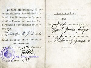 Dowód osobisty Teofili Junger, wystawiony w Katowicach 10 czerwca 1918 r. Wynika z niego, że Jungerowie mieszkali wtedy na Schillerstrasse 12, Teofila była średniego wzrostu, miała blond włosy, szare oczy i owalną twarz (IPN Ka 116/7828)