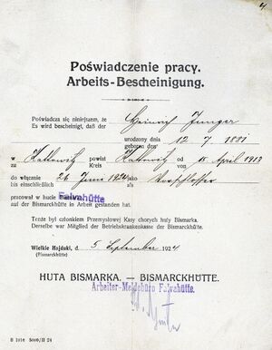 Świadectwo pracy Henryka Jungera seniora, wystawione przez hutę Bismarka (później „Batory”) w Chorzowie. Henryk był tam zatrudniony od 1913 do 1924 r. jako ślusarz (IPN Ka 116/7828)