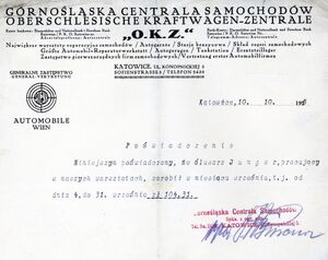 Poświadczenie zarobków Henryka Jungera seniora w Górnośląskiej Centrali Samochodów w Katowicach, 10 X 1925 r. (IPN Ka 116/7828)