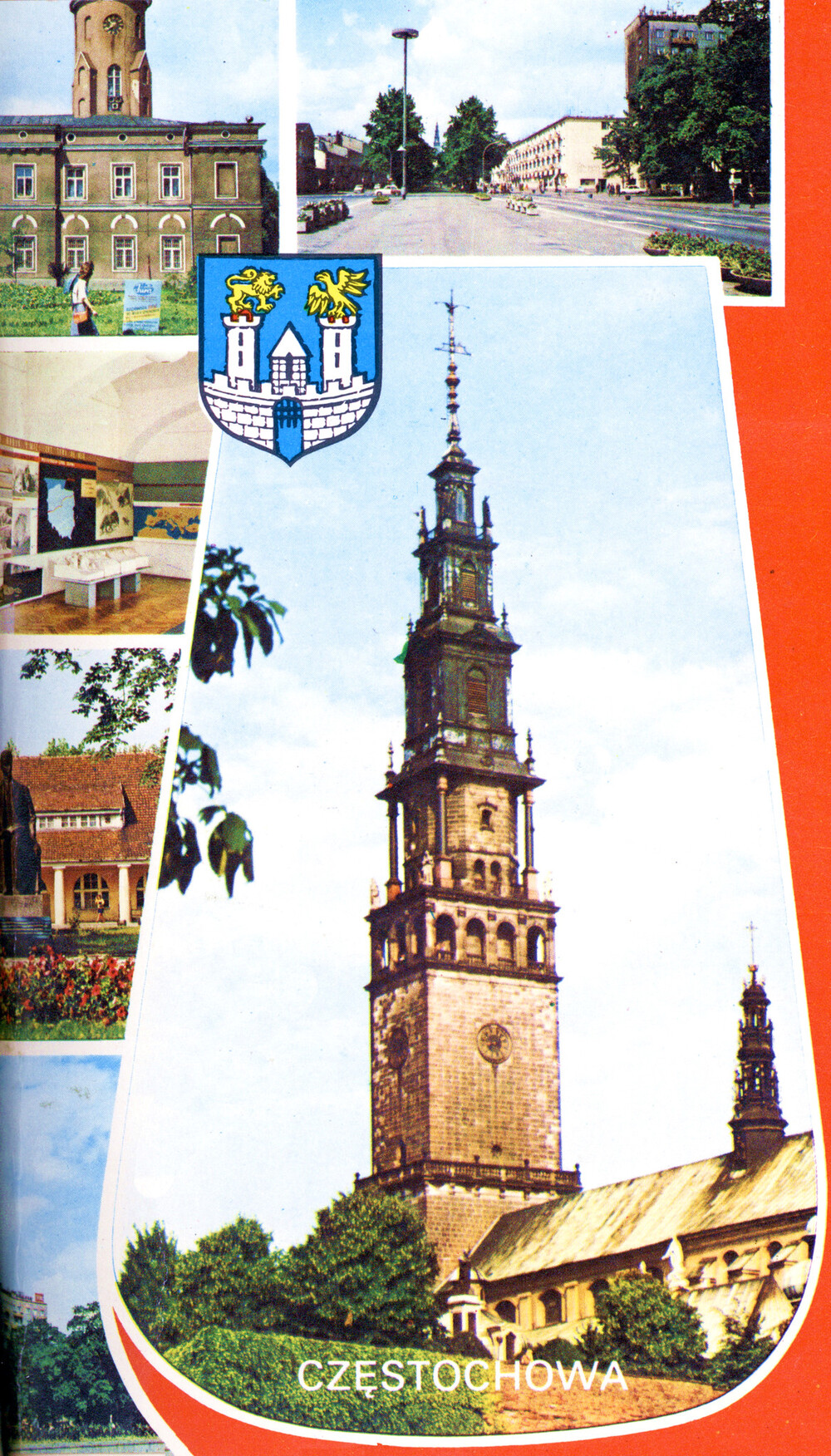 Częstochowa: ratusz/Muzeum Regionalne (obecnie Częstochowskie); Aleja Najświętszej Marii Panny; dział archeologiczny muzeum; pomnik Henryka Sienkiewicza; pomnik ku czci poległych w czasie II wojny światowej; kościół i klasztor na Jasnej Górze, prawdopodobnie 1983 r. (fot. K. Jabłoński, J. Rosikoń, J. Tymiński, wyd. Krajowa Agencja Wydawnicza; IPN Ka 846/7)