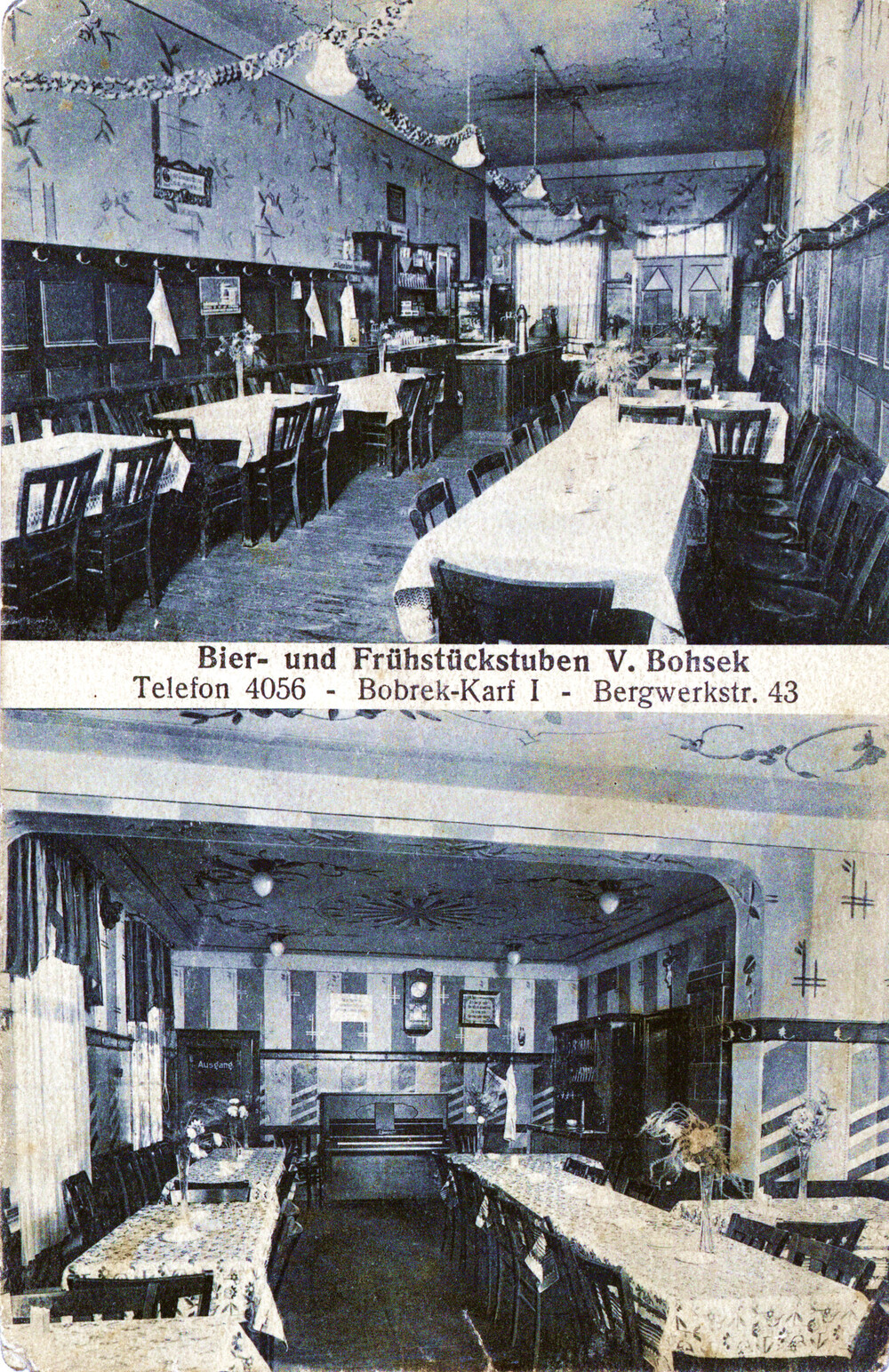 Lokal w Bobrku przy Bergwerkstrasse (obecnie Konstytucji), prawdopodobnie okres międzywojenny (fot. i wyd. Th. Borzek, Bobrek; IPN Ka 023/2447, t. 2)